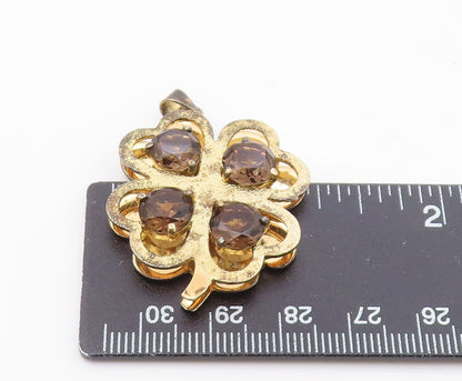 925 Silver  Vintage Smoky Topaz Gold Plated Clover Good Luck Pendant  PT18418