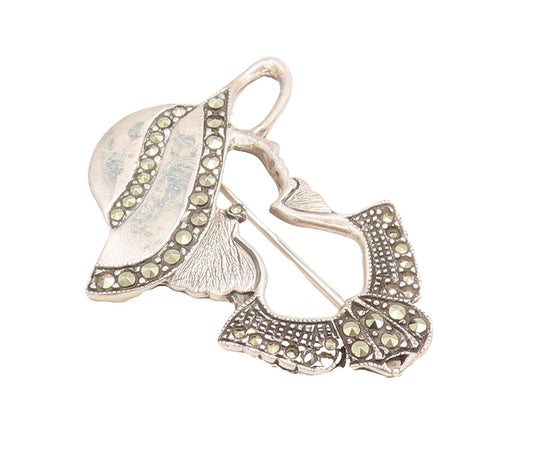 925 Silver  Vintage Stencil Cutout Marcasite Girl With Hat Brooch Pin  BP10327