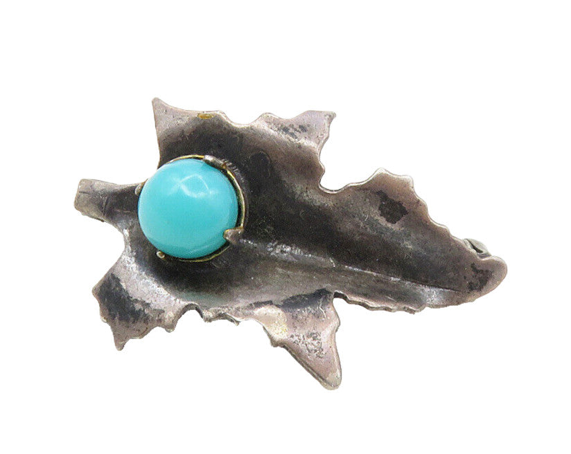 JM MEXICO 925 Silver  Vintage Turquoise Dark Tone Leaf Brooch Pin  BP4008