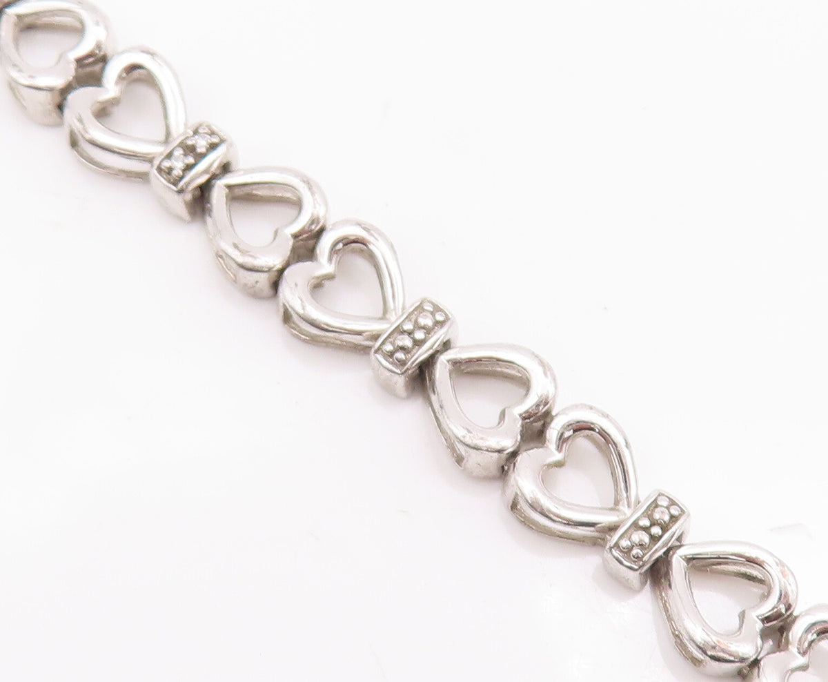 925 Sterling Silver Vintage Bracelet Cutout Real Diamonds Linked Hearts  BT10532