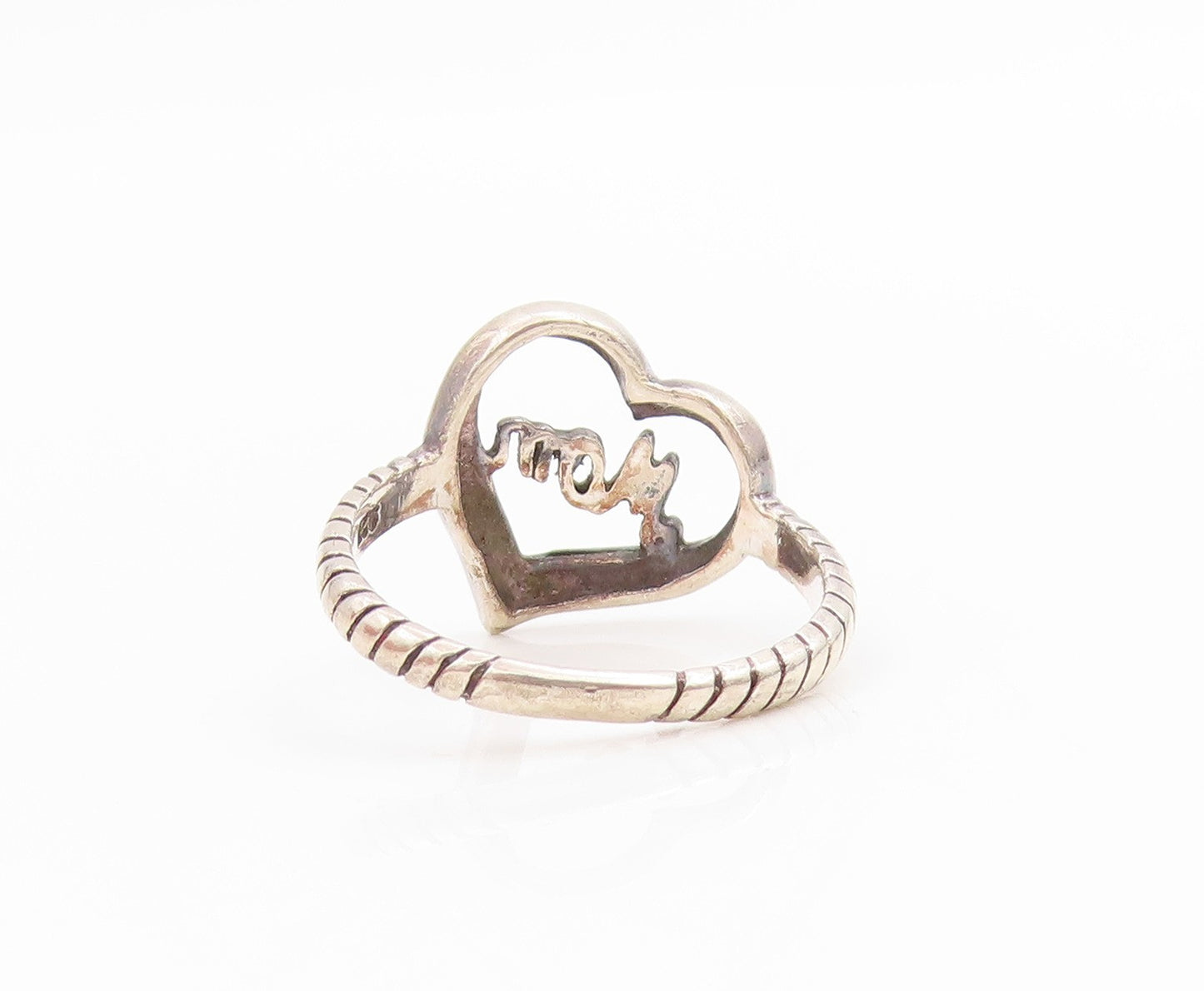 925 Sterling Silver Vintage Ring Open Love Heart Mom Ribbed Band  Sz 7  RG34004