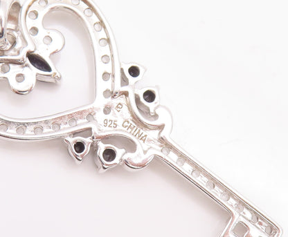 925 Sterling Silver Vintage Pendant Carved Topaz & Sapphire Inlay Key  PT22643
