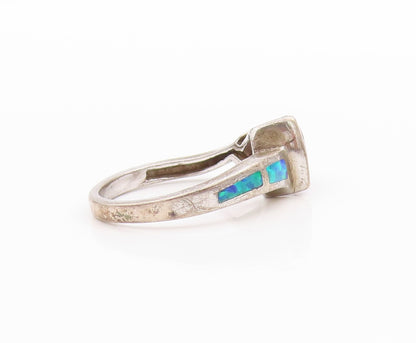 925 Sterling Silver Vintage Ring Triangle Amethyst Fire Opal Band Sz 6  RG33375