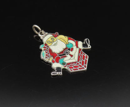 925 Sterling Silver  Vintage Enamel Santa Claus On Chimney Pendant  PT21688