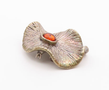 925 Sterling Silver  Vintage Etched Flower Motif Amber Brooch Pin  BP9496