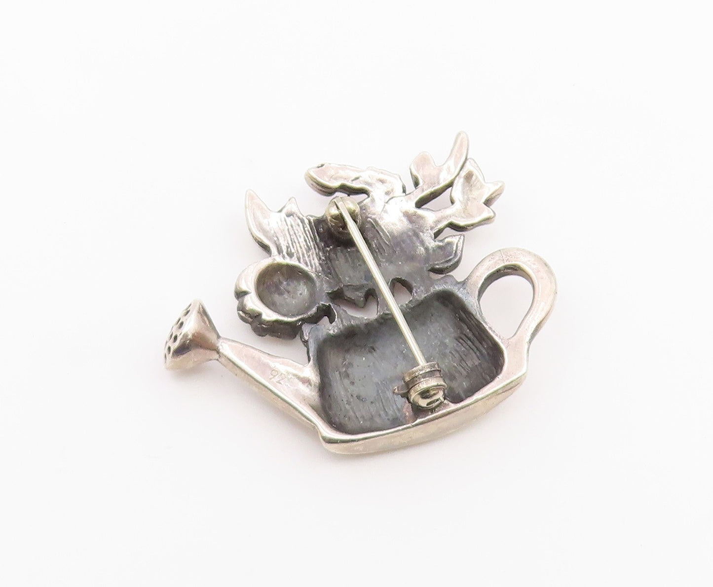 925 Sterling Silver  Vintage Shiny Watering Can With Flowers Brooch Pin BP3519