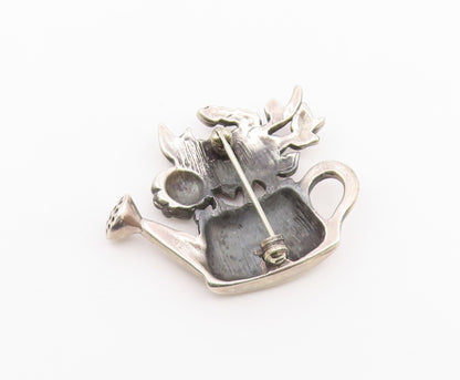 925 Sterling Silver  Vintage Shiny Watering Can With Flowers Brooch Pin BP3519