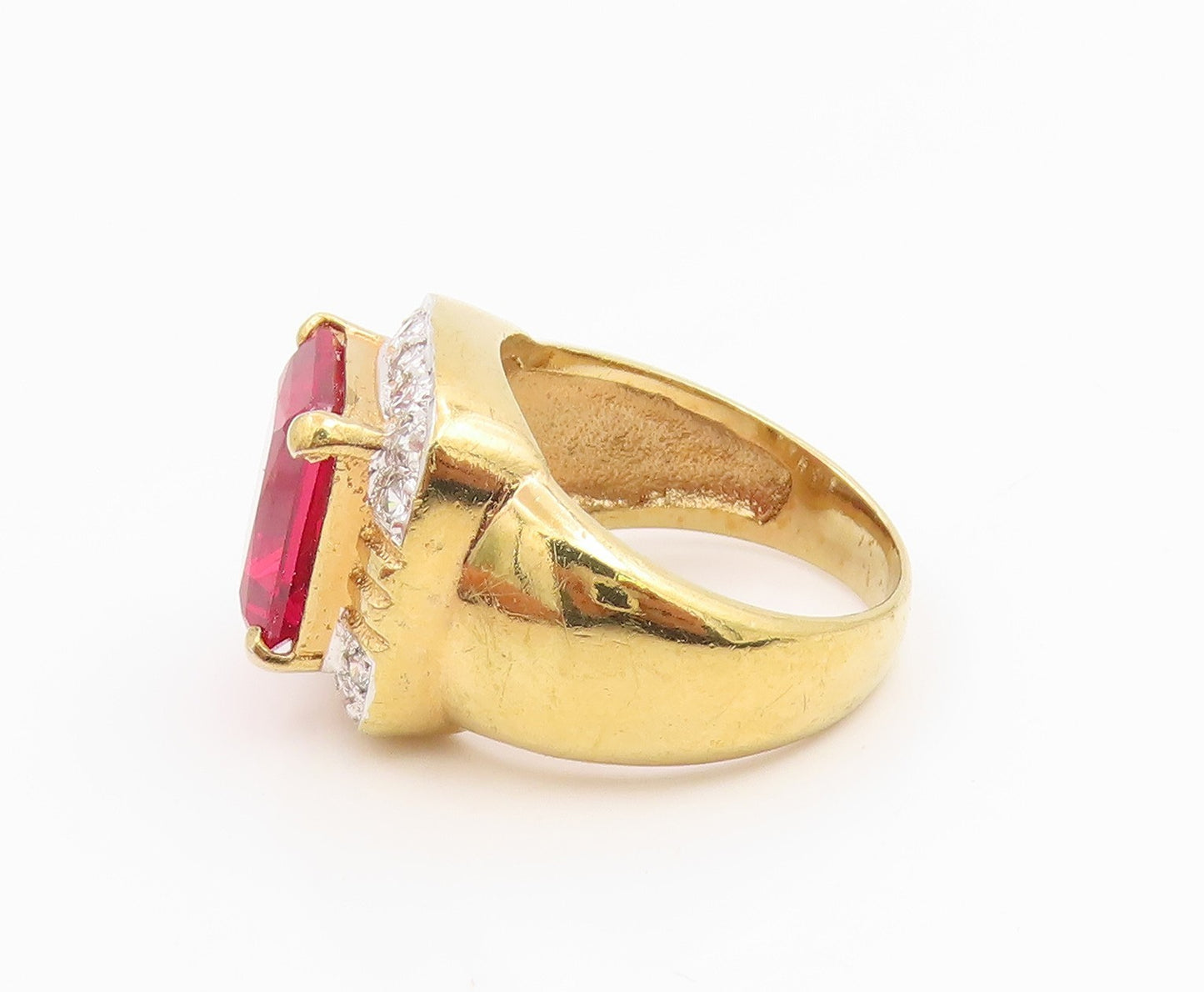925 Sterling Silver Vintage Ring Gold Plated Ruby & Halo CZ Band  Sz 7  RG35384