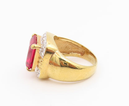 925 Sterling Silver Vintage Ring Gold Plated Ruby & Halo CZ Band  Sz 7  RG35384