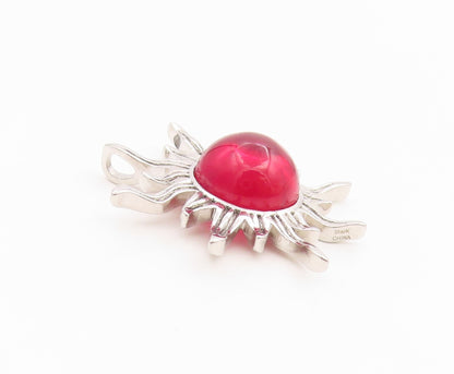 925 Sterling Silver Vintage Pendant Cabochon Ruby Sunburst Cutout Charm  PT26256