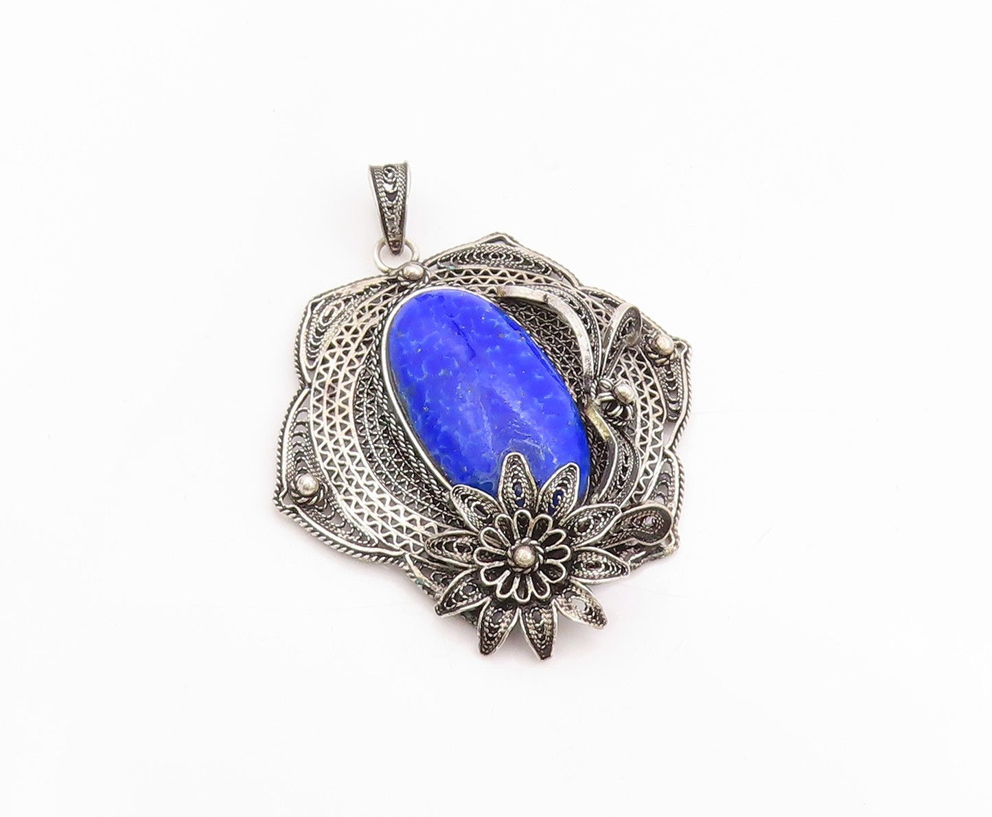 925 Sterling Silver Vintage Pendant Gemstone Dark Tone Floral Filigree  PT24762