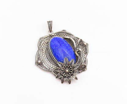 925 Sterling Silver Vintage Pendant Gemstone Dark Tone Floral Filigree  PT24762
