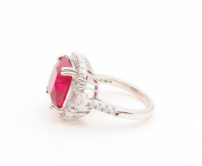 925 Sterling Silver Vintage Ring Elegant Ruby & Halo CZ Band  Sz 6.5  RG35062