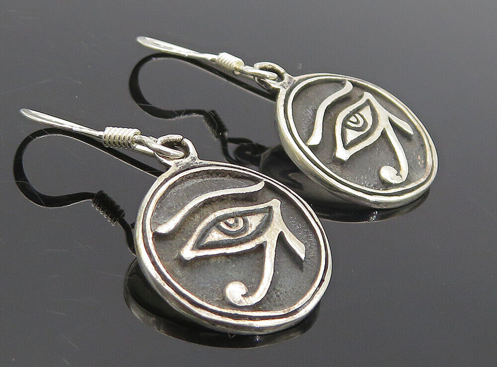 925 Sterling Silver  Vintage Oxidized Eye Of Horus Dangle Earrings  EG2957