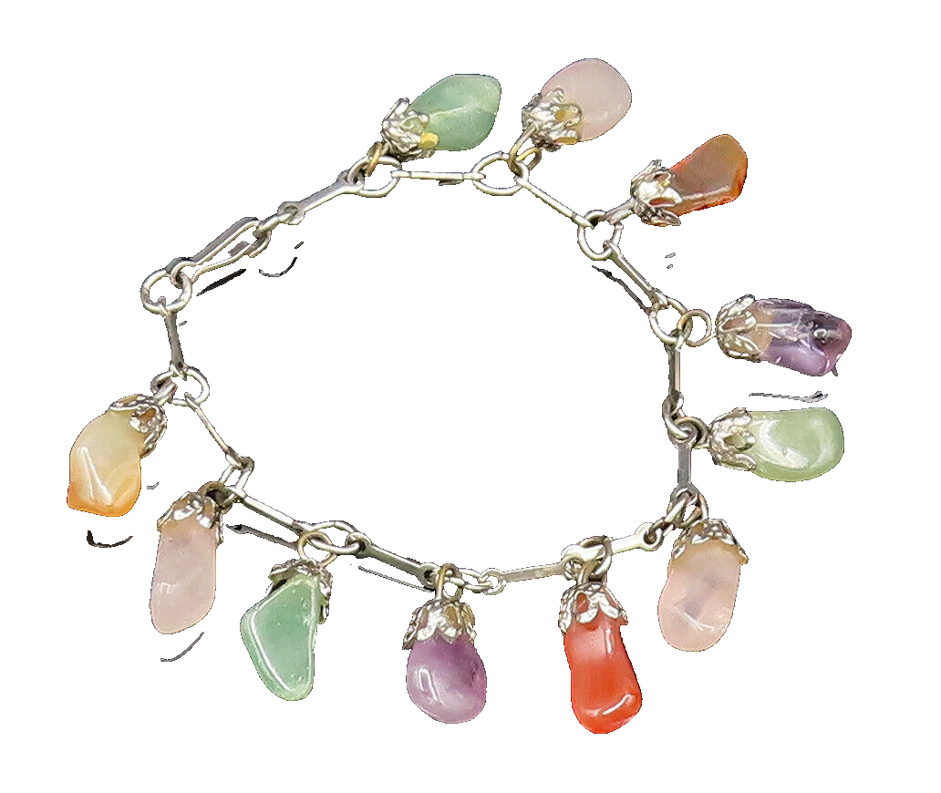 925 Silver  Vintage Rose Quartz Citrine & Multi Tumbled Stone Bracelet  BT9614