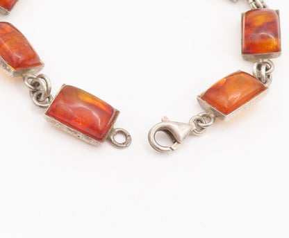 925 Sterling Silver Vintage Bracelet Solid Rectangular Linked Amber   BT10267