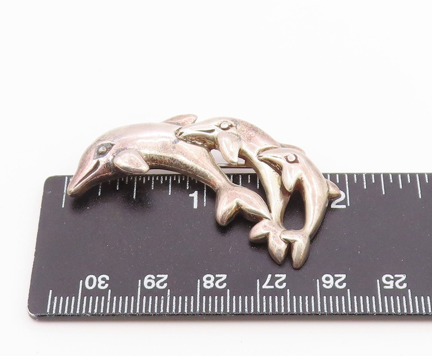 925 Sterling Silver  Vintage Shiny Triple Leaping Dolphins Brooch Pin  BP3505