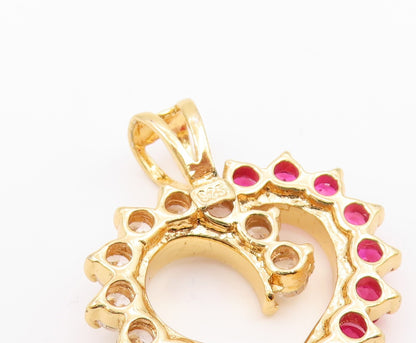 925 Sterling Silver  Vintage Gold Plated Red & white CZ Heart Pendant  PT22016