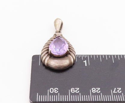 925 Sterling Silver Vintage Pendant Dark Tone Framed Drop Cut Amethyst  PT24555
