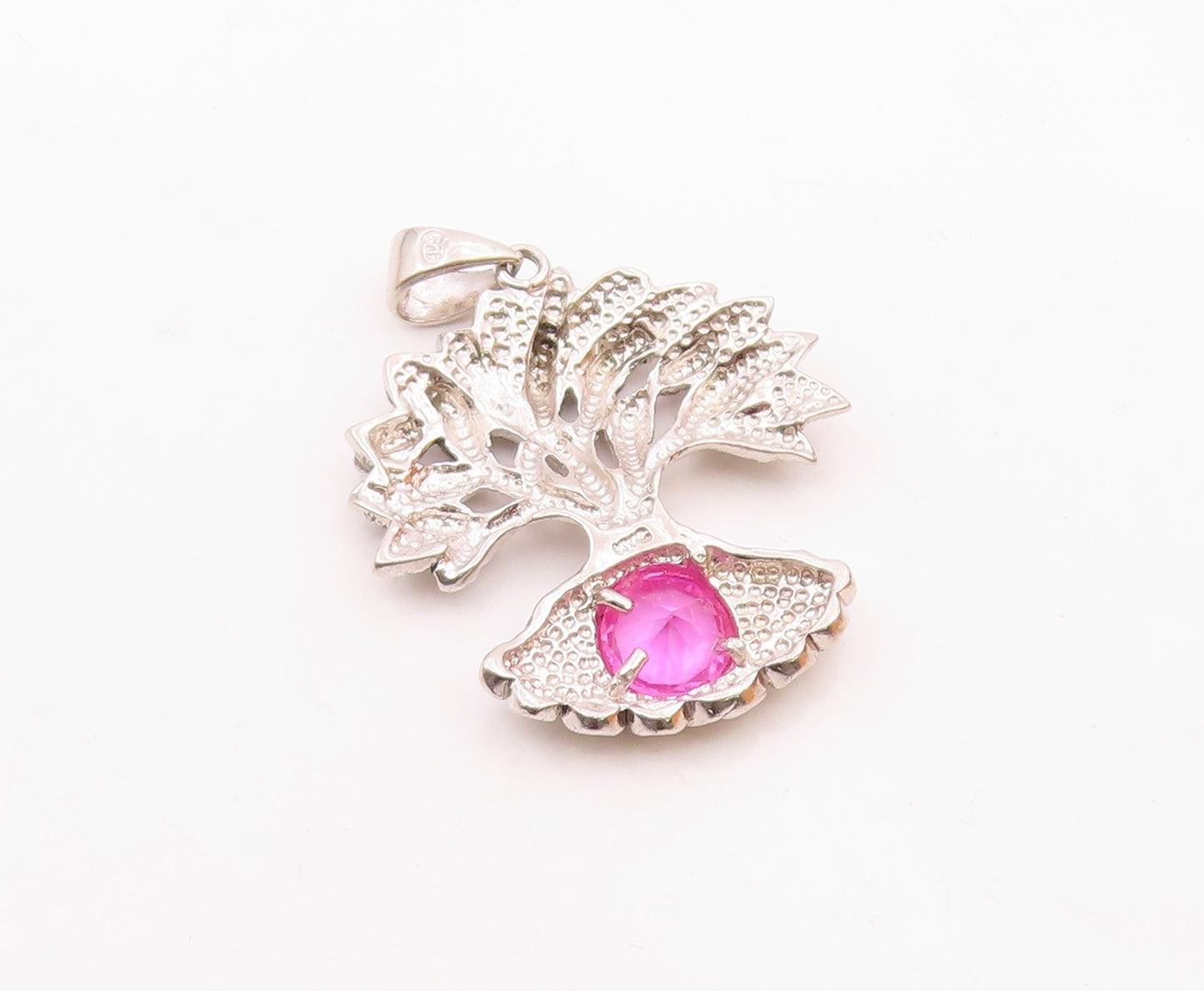 925 Sterling Silver  Vintage Carved Tree Of Life Tourmaline Pendant  PT20948