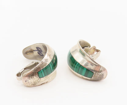 925 Silver  Vintage Inlaid Malachite Half Hoop Clip Back Earrings  EG12373
