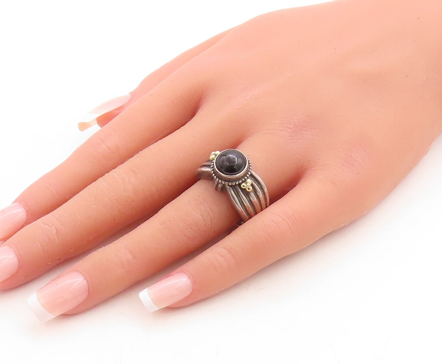 18k Gold 925 Sterling Silver Vintage Ring Grooved Cabochon Onyx Sz 10.5 RG31514