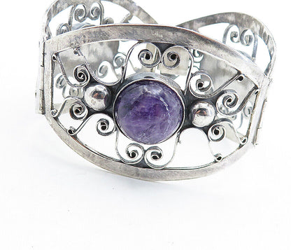 925 Sterling Silver  Vintage Cabochon Cut Amethyst Swirl Chain Bracelet BT2367