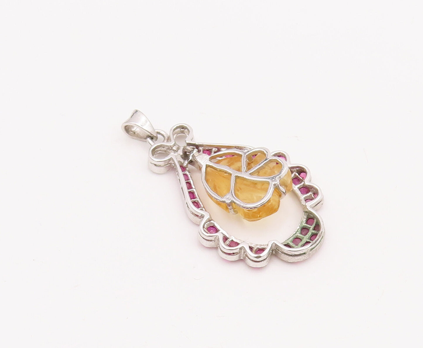 925 Sterling Silver Vintage Pendant Leaf Carved Citrine Ruby Inlay Frame PT22849