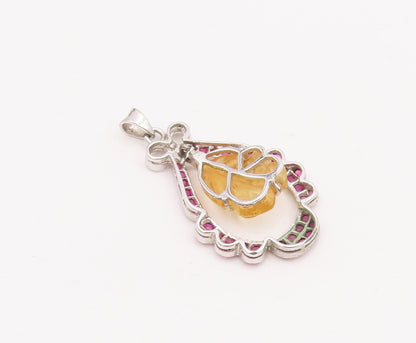 925 Sterling Silver Vintage Pendant Leaf Carved Citrine Ruby Inlay Frame PT22849