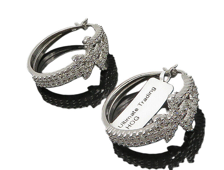 925 Sterling Silver   Sparkling Cubic Zirconia Star Hoop Earrings  EG8932