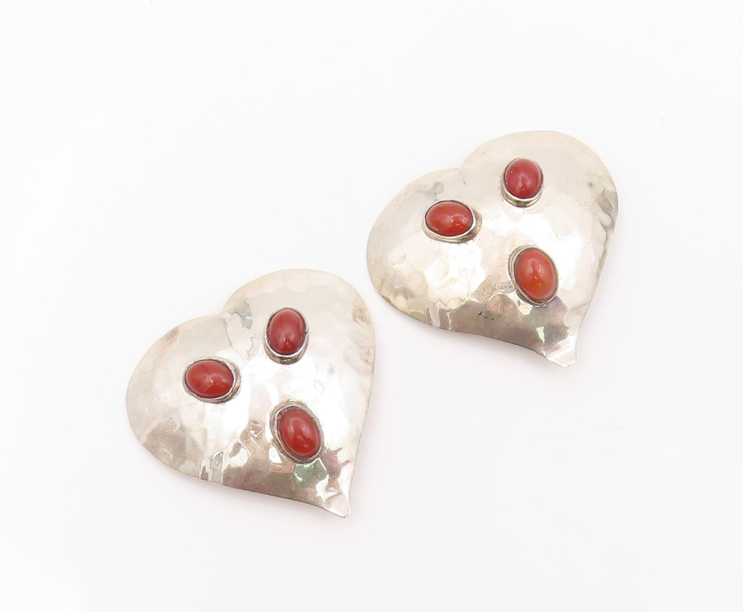 925 Sterling Silver Vintage Earrings MEXICO Carnelian Inlay Love Heart  EG13335