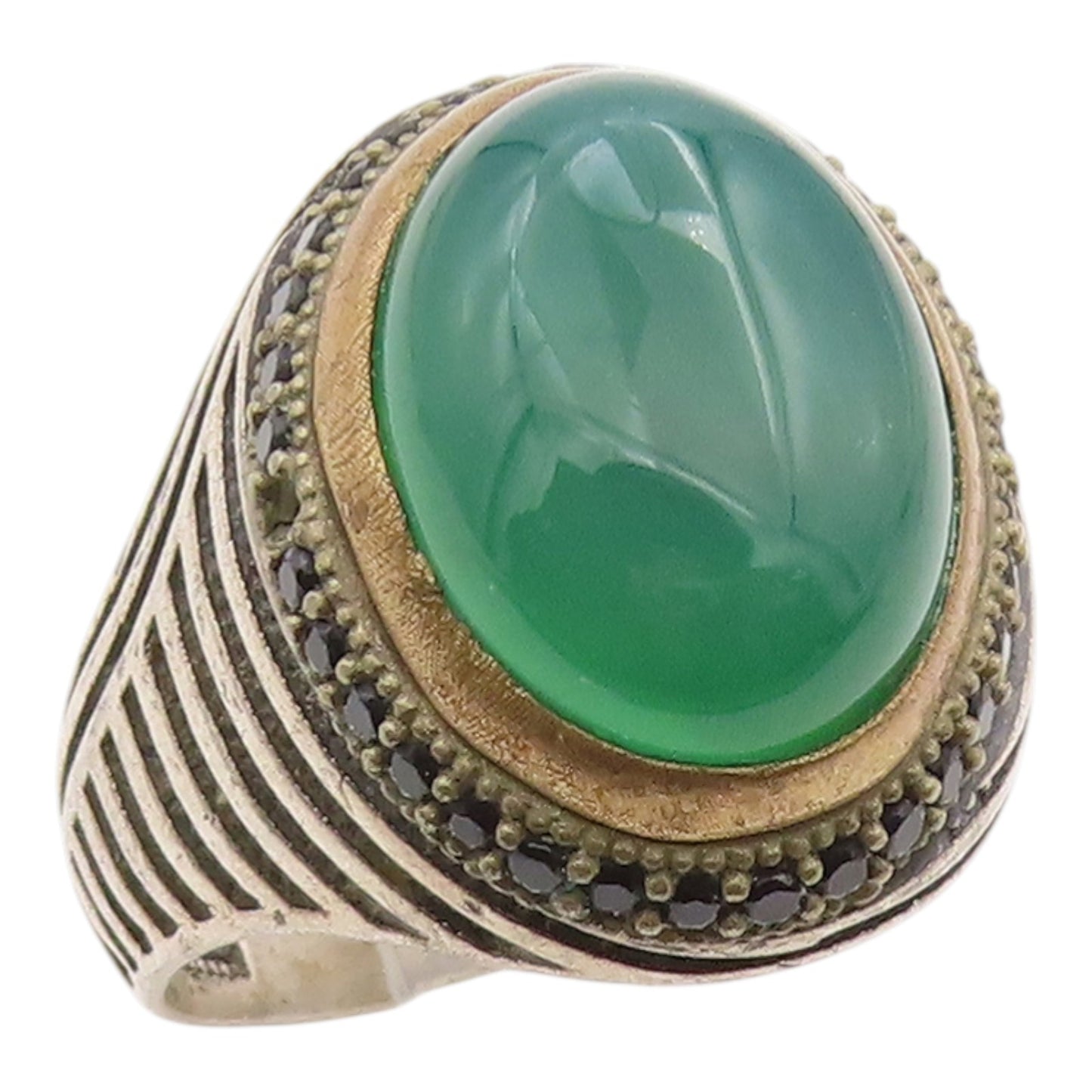 925 Sterling Silver Vintage Ring Cabochon Green Onyx & Spinel  Sz 12  RG36290