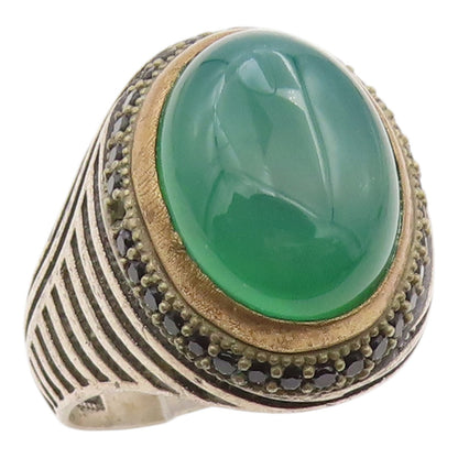 925 Sterling Silver Vintage Ring Cabochon Green Onyx & Spinel  Sz 12  RG36290