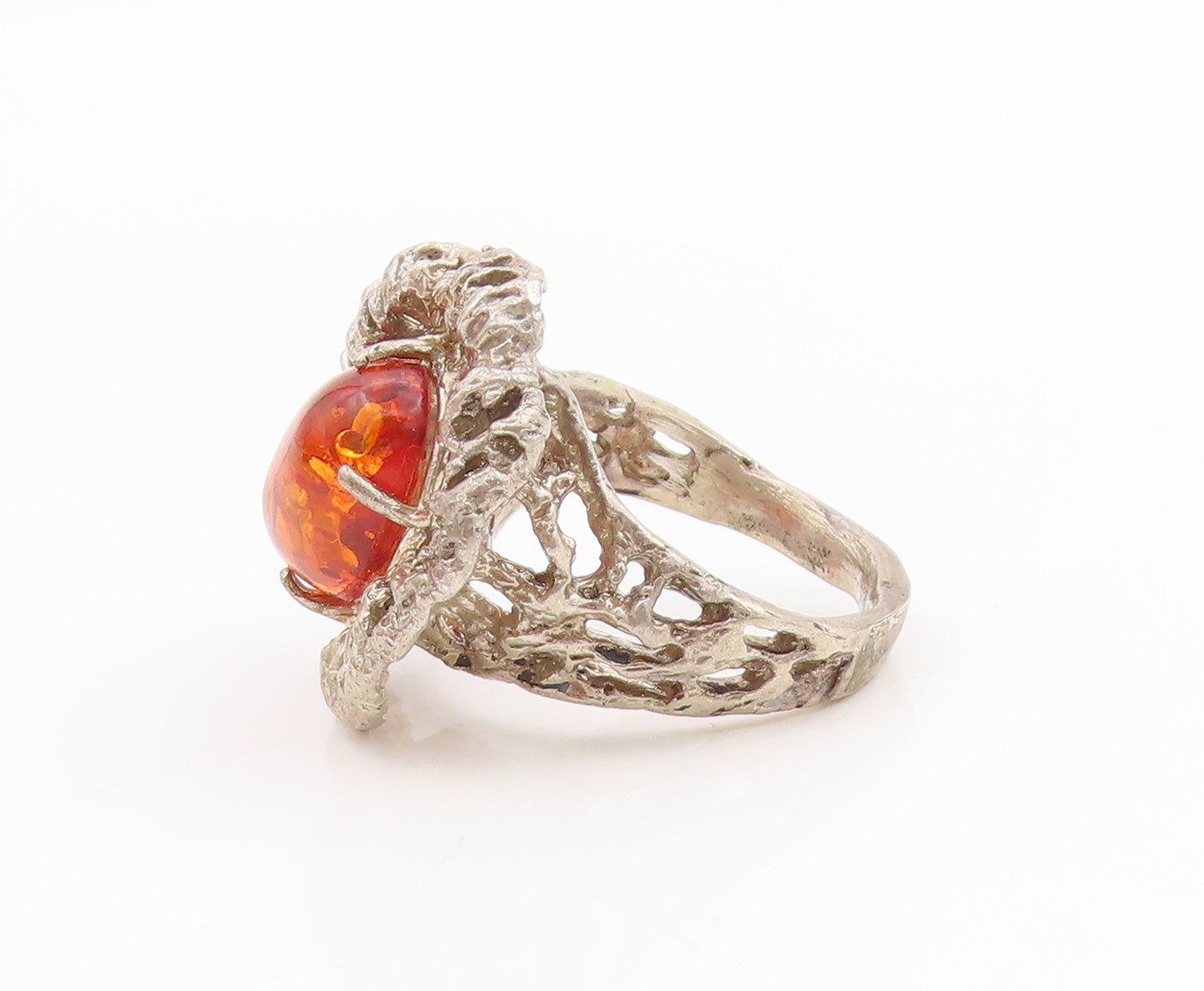 925 Sterling Silver Vintage Ring Oval Honey Amber Brutalist Band Sz 7.5 RG33932