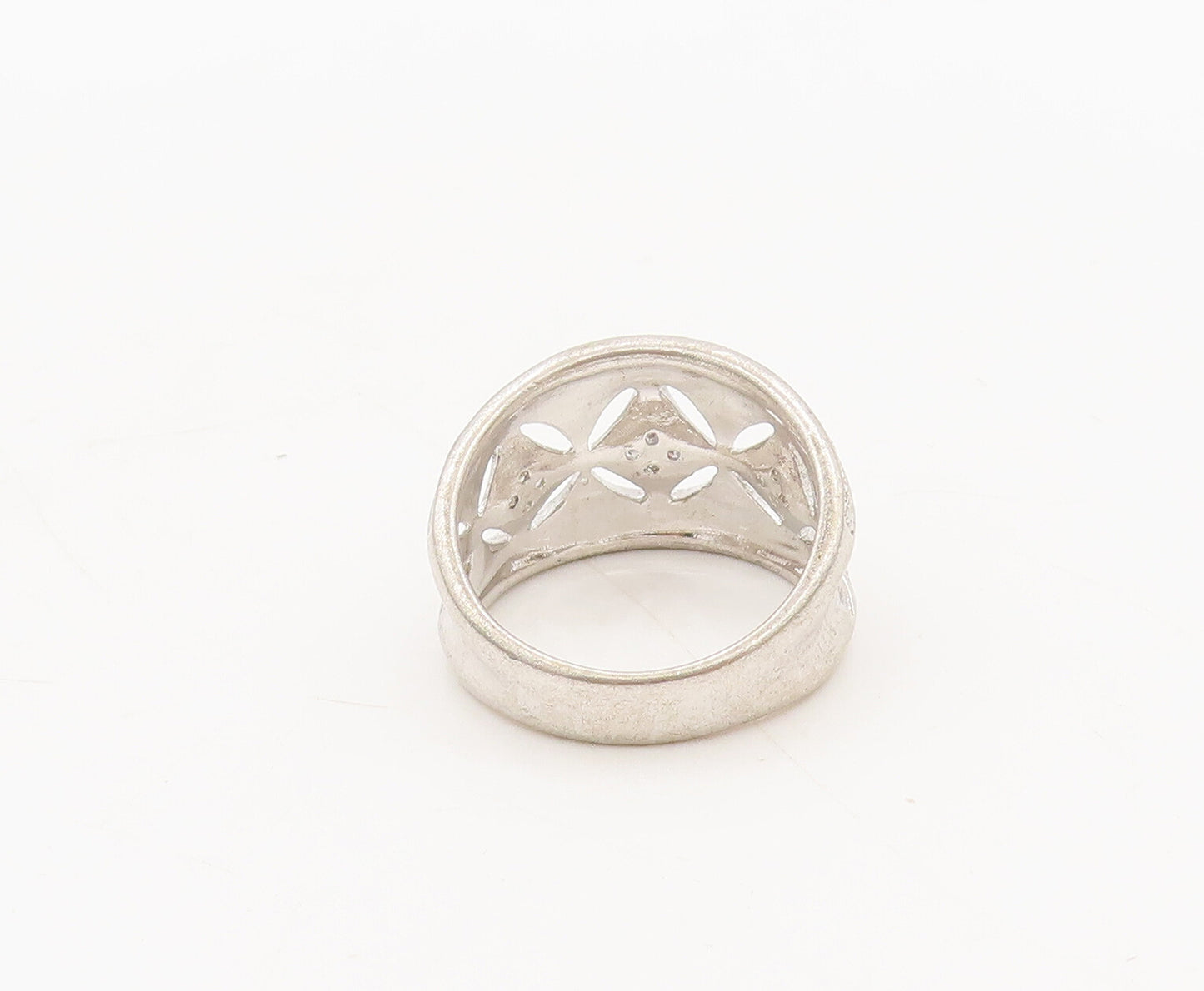 925 Sterling Silver  Vintage Floral Cutout Inlay Diamonds Ring Sz 6  RG27408