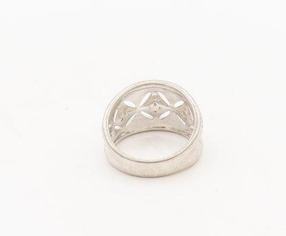 925 Sterling Silver  Vintage Floral Cutout Inlay Diamonds Ring Sz 6  RG27408