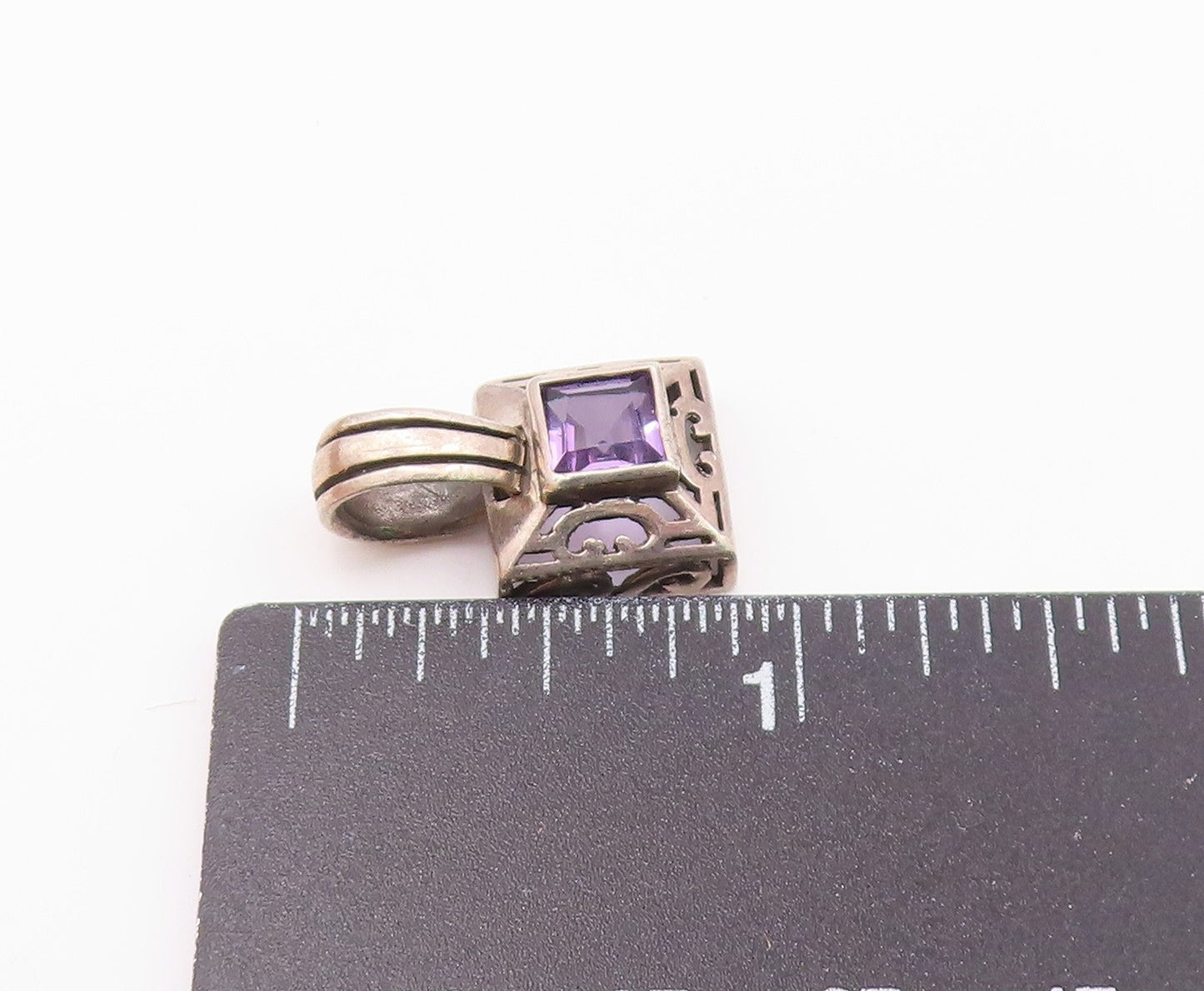 925 Sterling Silver  Vintage Amethyst Cutout Square Dome Pendant  PT17412