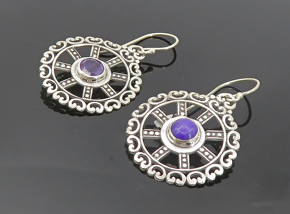 925 Sterling Silver  Amethyst Round Open Design Shiny Dangle Earrings  EG3798