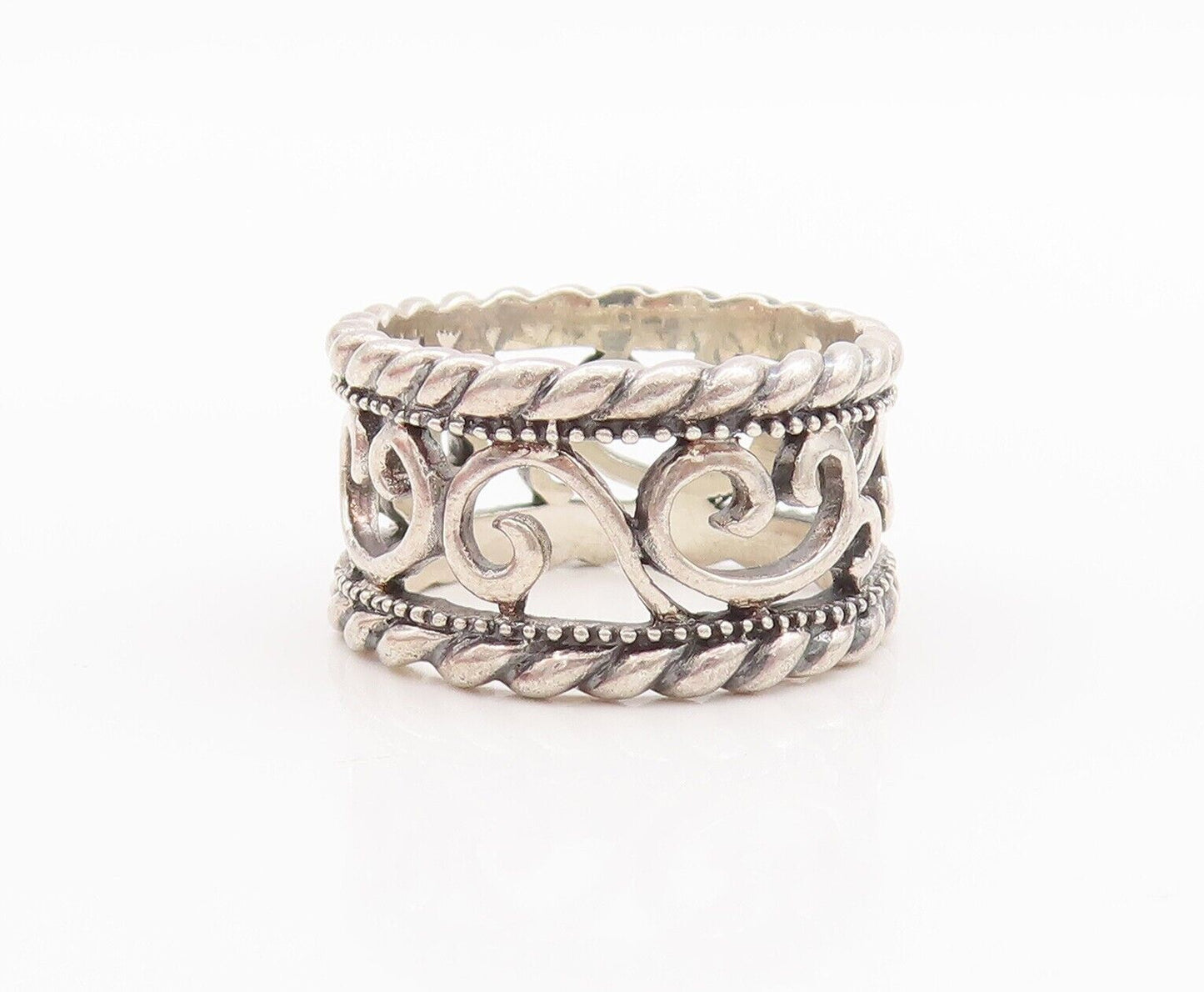 925 Sterling Silver Vintage Ring Swirly Cutout Roped Bordered  Sz 7  RG28599