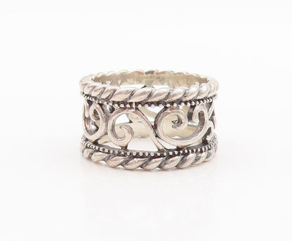 925 Sterling Silver Vintage Ring Swirly Cutout Roped Bordered  Sz 7  RG28599