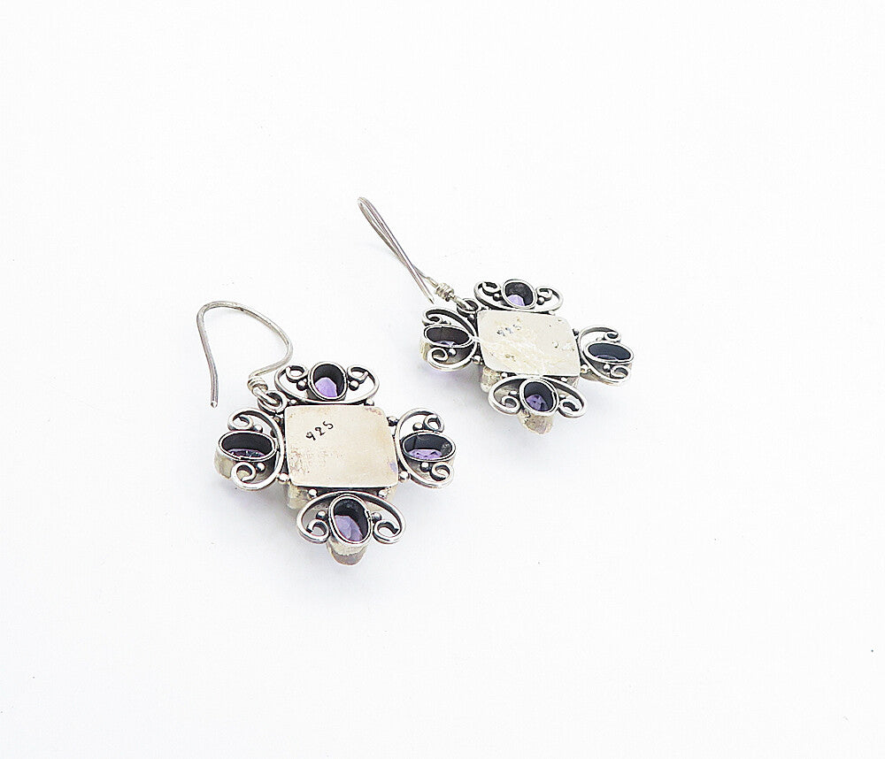 925 Sterling Silver  Vintage Square Pearl & Amethyst Drop Earrings  EG3083