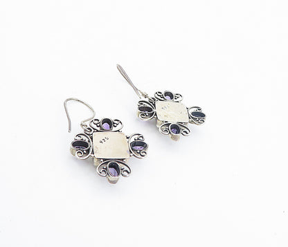 925 Sterling Silver  Vintage Square Pearl & Amethyst Drop Earrings  EG3083