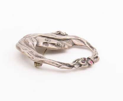 925 Sterling Silver  Vintage Modernist Garnet Woman Face Brooch Pin  BP9097