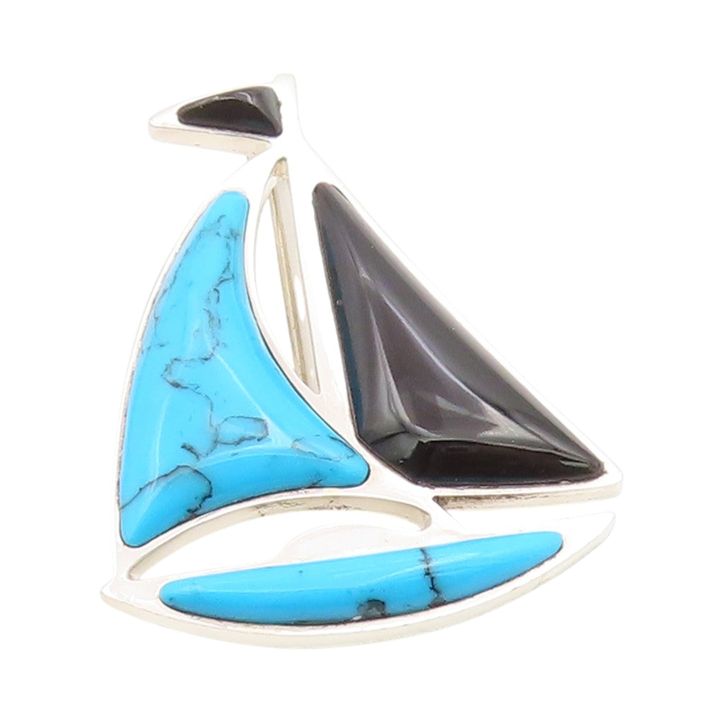925 Sterling Silver Vintage Brooch MEXICO Turquoise & Onyx Sailboat Pin  BP12016