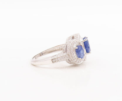 925 Sterling Silver Vintage Ring Oval Cut Sapphire Halo CZ Bands  Sz 8  RG29757