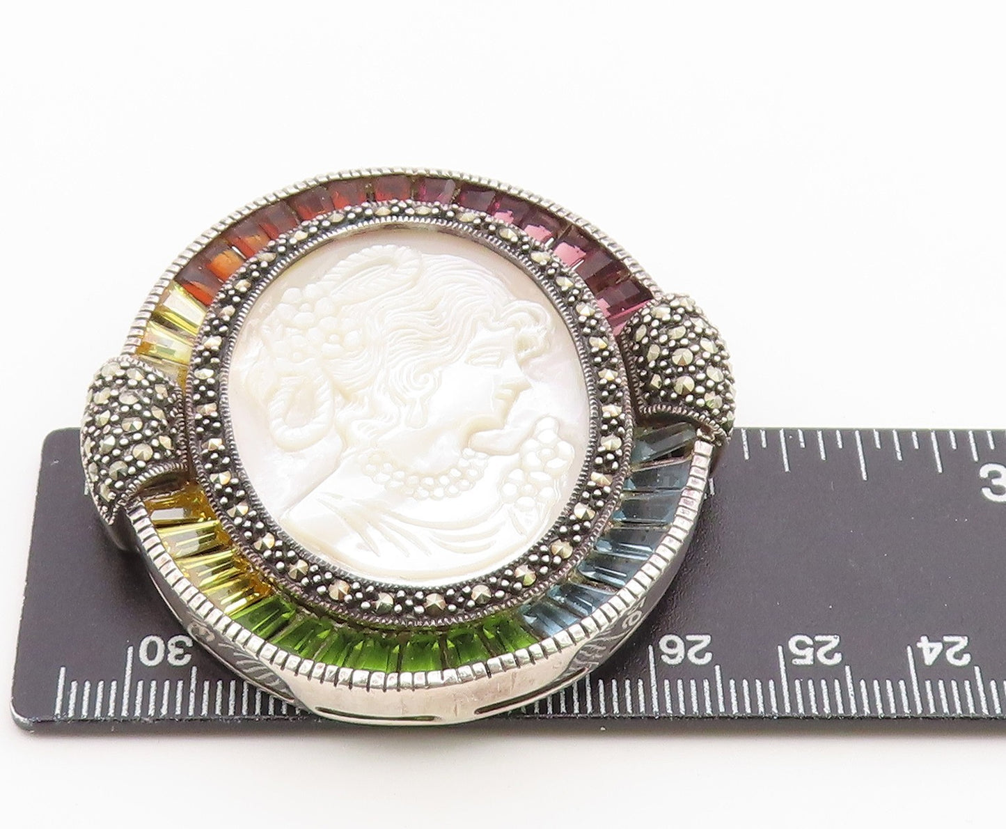 925 Sterling Silver Vintage Brooch Pin Multi Gemstone Cameo Portrait  BP12650