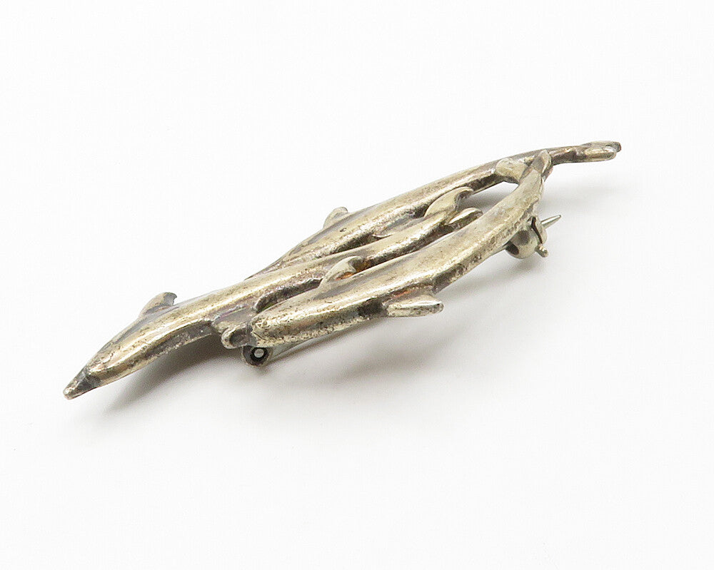 SHUBE 925 Sterling Silver  Vintage Swimming Dolphins Brooch Pin  BP5695