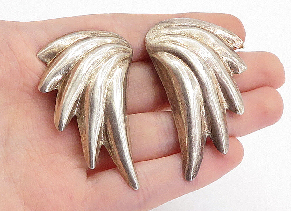 MEXICO 925 Sterling Silver  Vintage Fluted Wing Non Pierce Earrings  EG2697