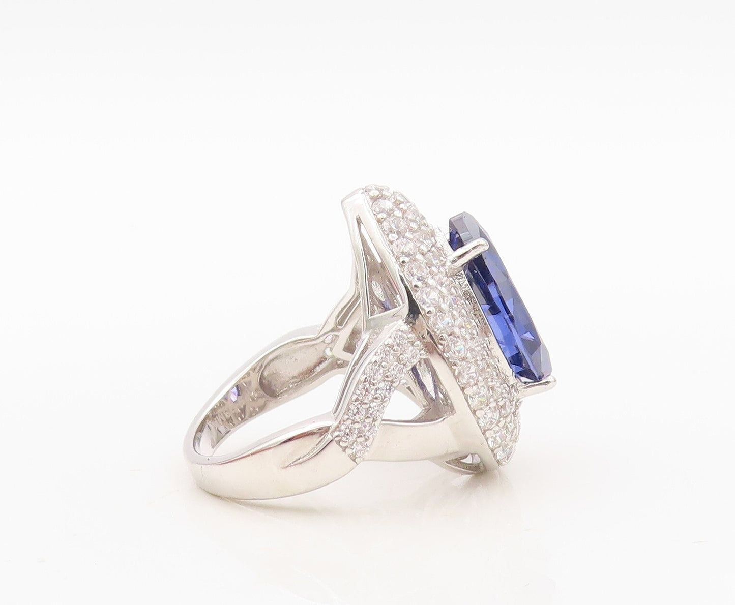 925 Sterling Silver Vintage Ring Drop Cut Sapphire Halo CZ Inlay  Sz 7  RG30509