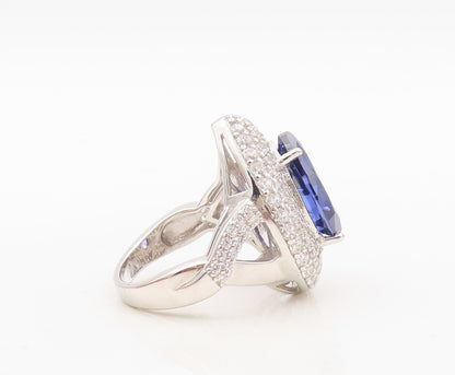 925 Sterling Silver Vintage Ring Drop Cut Sapphire Halo CZ Inlay  Sz 7  RG30509
